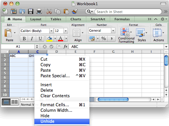 unhide columns in excel 2008 for mac